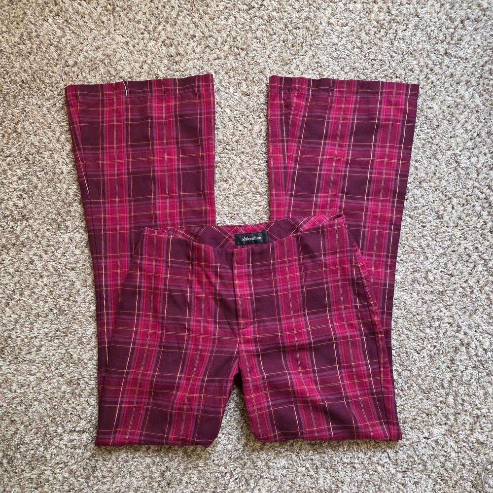 Vintage Y2k Xhilaration pink magenta with gold tinsel plaid flare pants